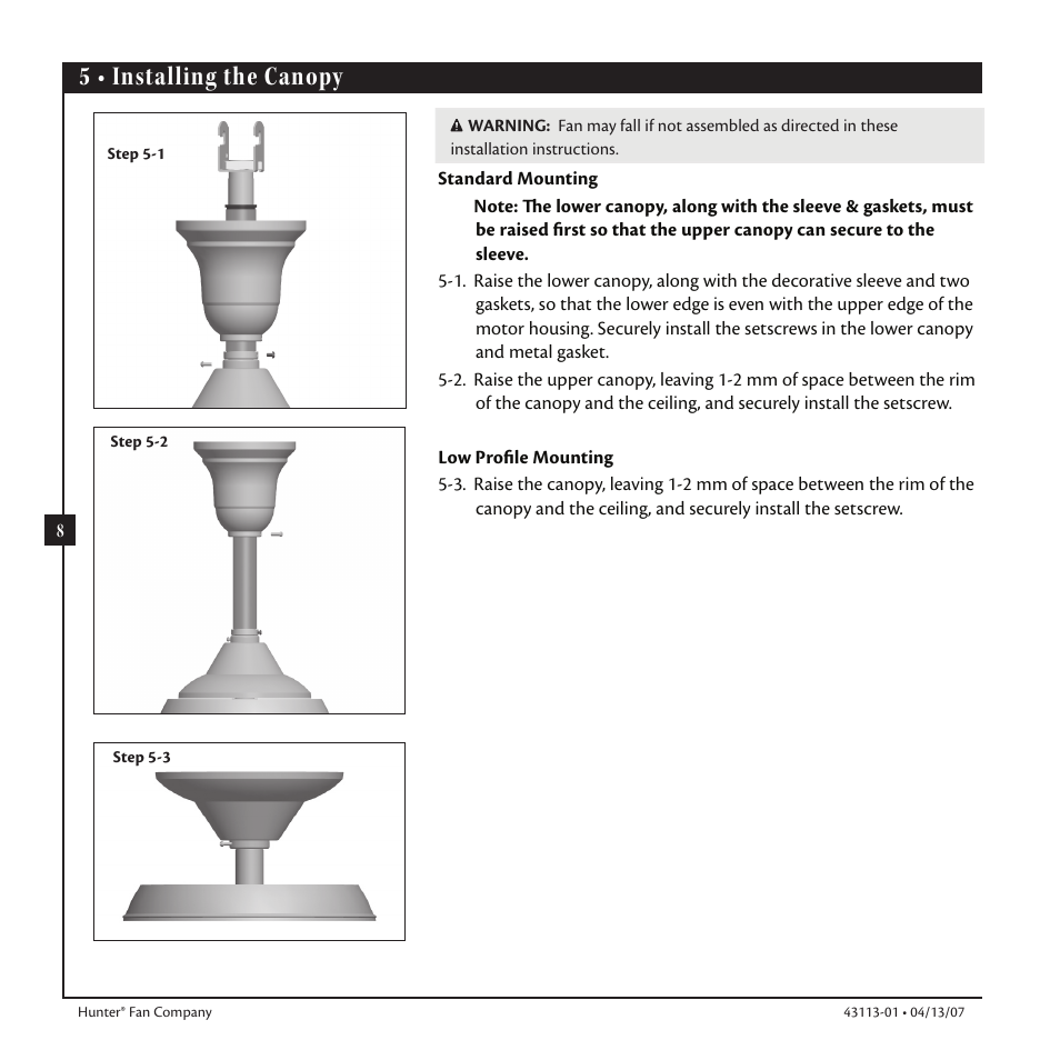 5 • installing the canopy | Hunter Fan Ceiling Fans User Manual | Page 8 / 12