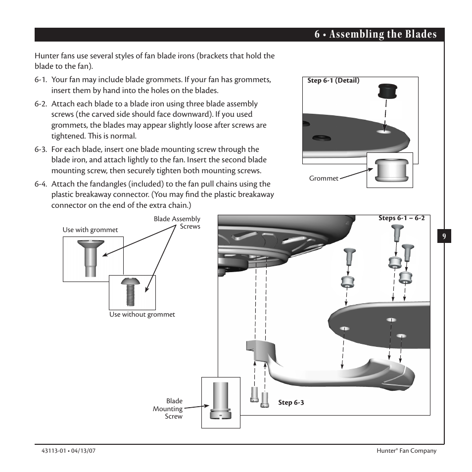 6 • assembling the blades | Hunter Fan Ceiling Fans User Manual | Page 9 / 12