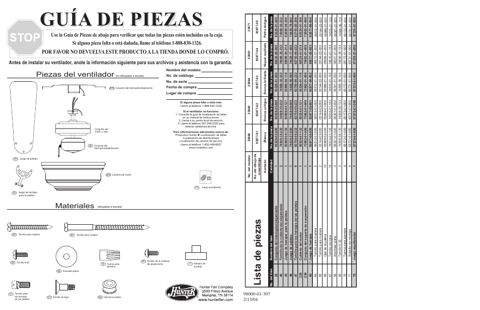 Guía de piezas, Li st a de p ie za s, Materiales | Piezas del ventilador | Hunter Fan 23871 User Manual | Page 2 / 2