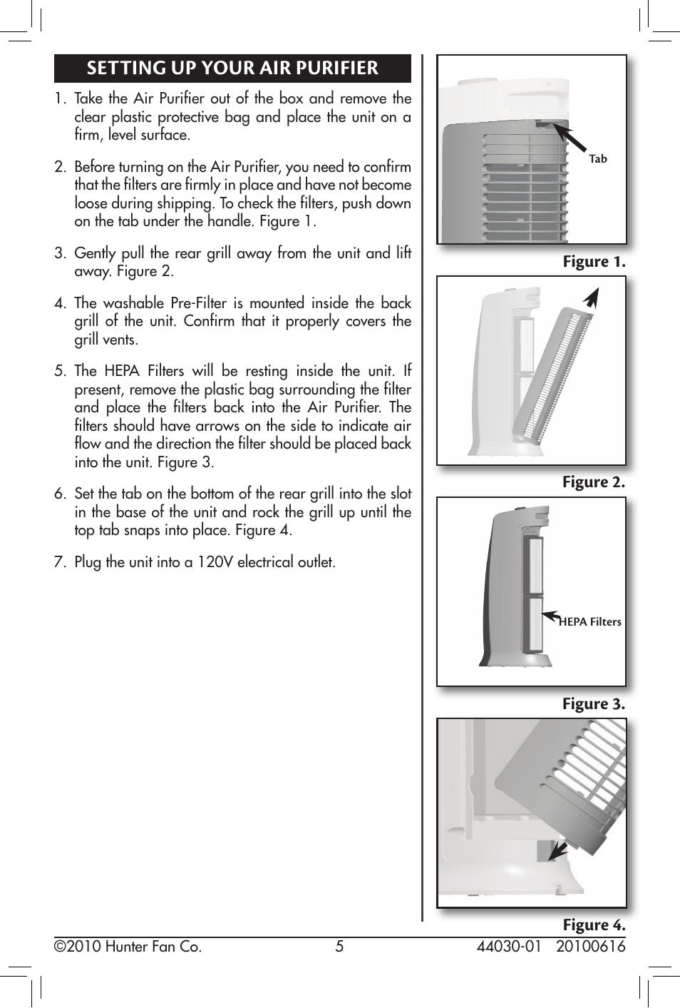 Setting up your air purifier | Hunter Fan HEPA 30847 User Manual | Page 5 / 14