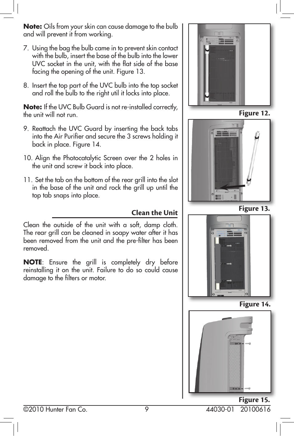 Clean the unit | Hunter Fan HEPA 30847 User Manual | Page 9 / 14