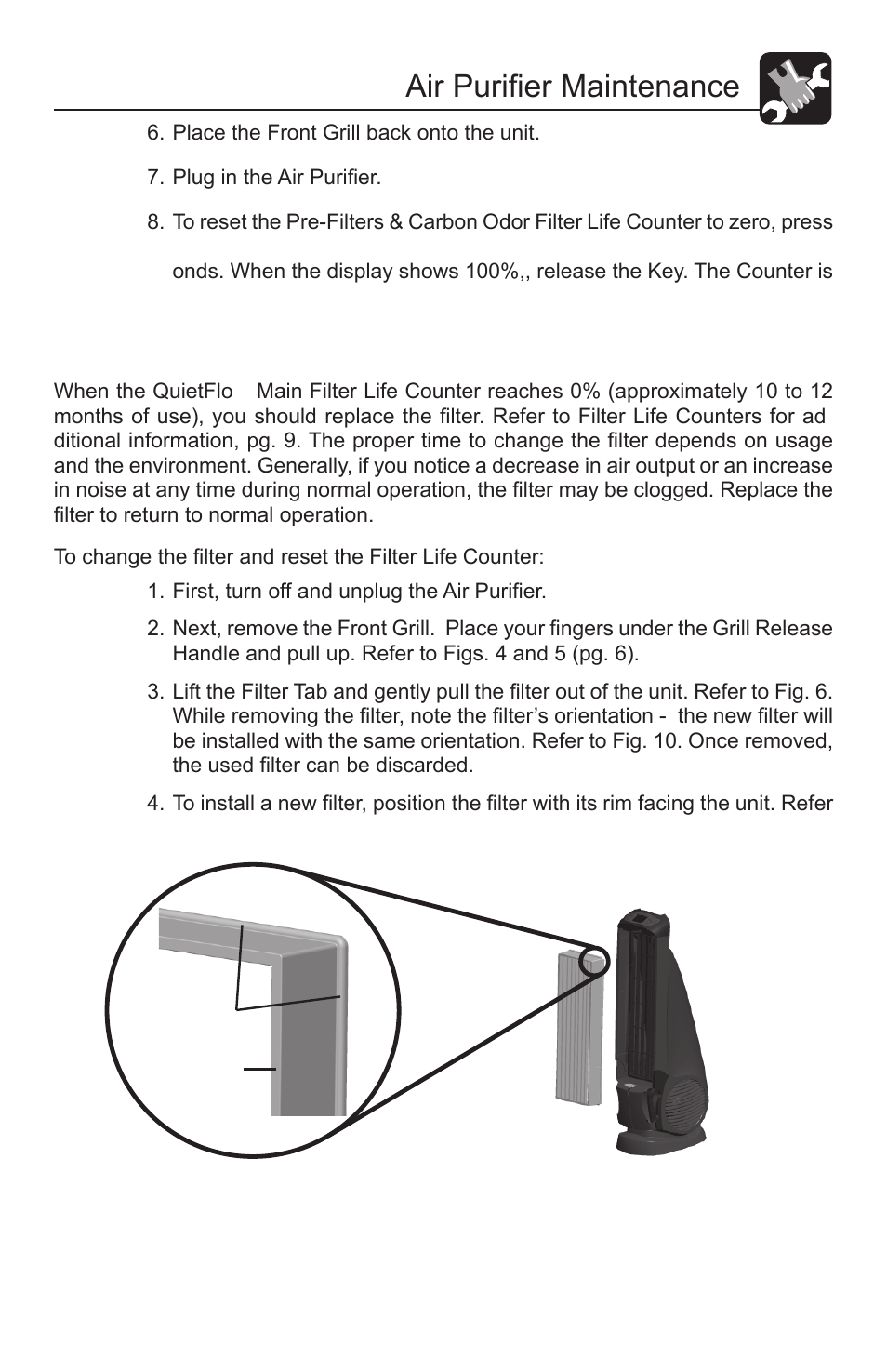 Air purifier maintenance, Changing the quietflo, Main filter | Hunter Fan QUIET FLO PLUS 30785 User Manual | Page 11 / 16