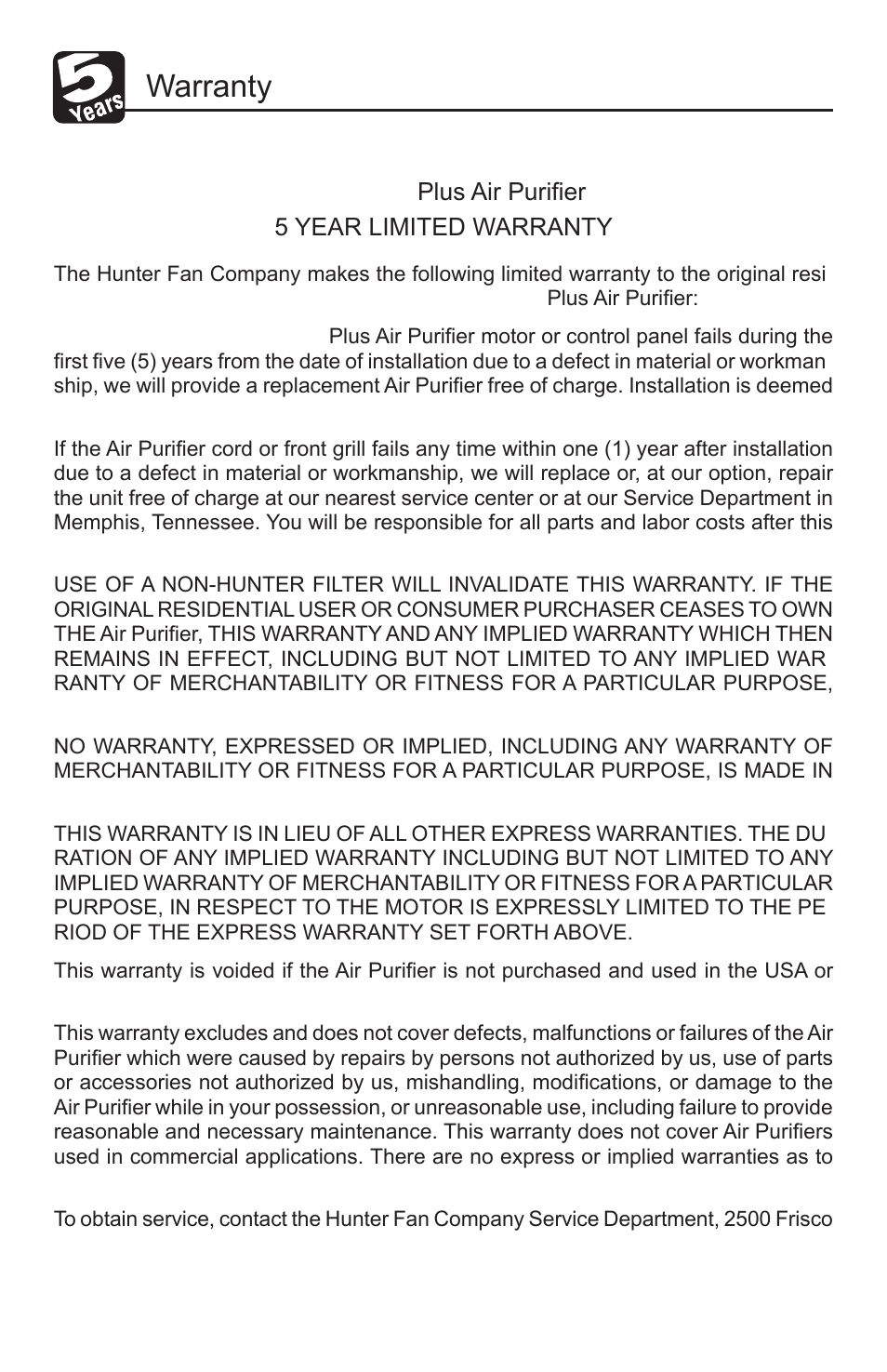 Warranty, Hunter fan company quietflo, Plus air purifier 5 year limited warranty | Hunter Fan QUIET FLO PLUS 30785 User Manual | Page 14 / 16