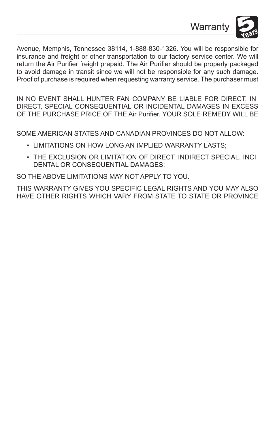 Warranty | Hunter Fan QUIET FLO PLUS 30785 User Manual | Page 15 / 16