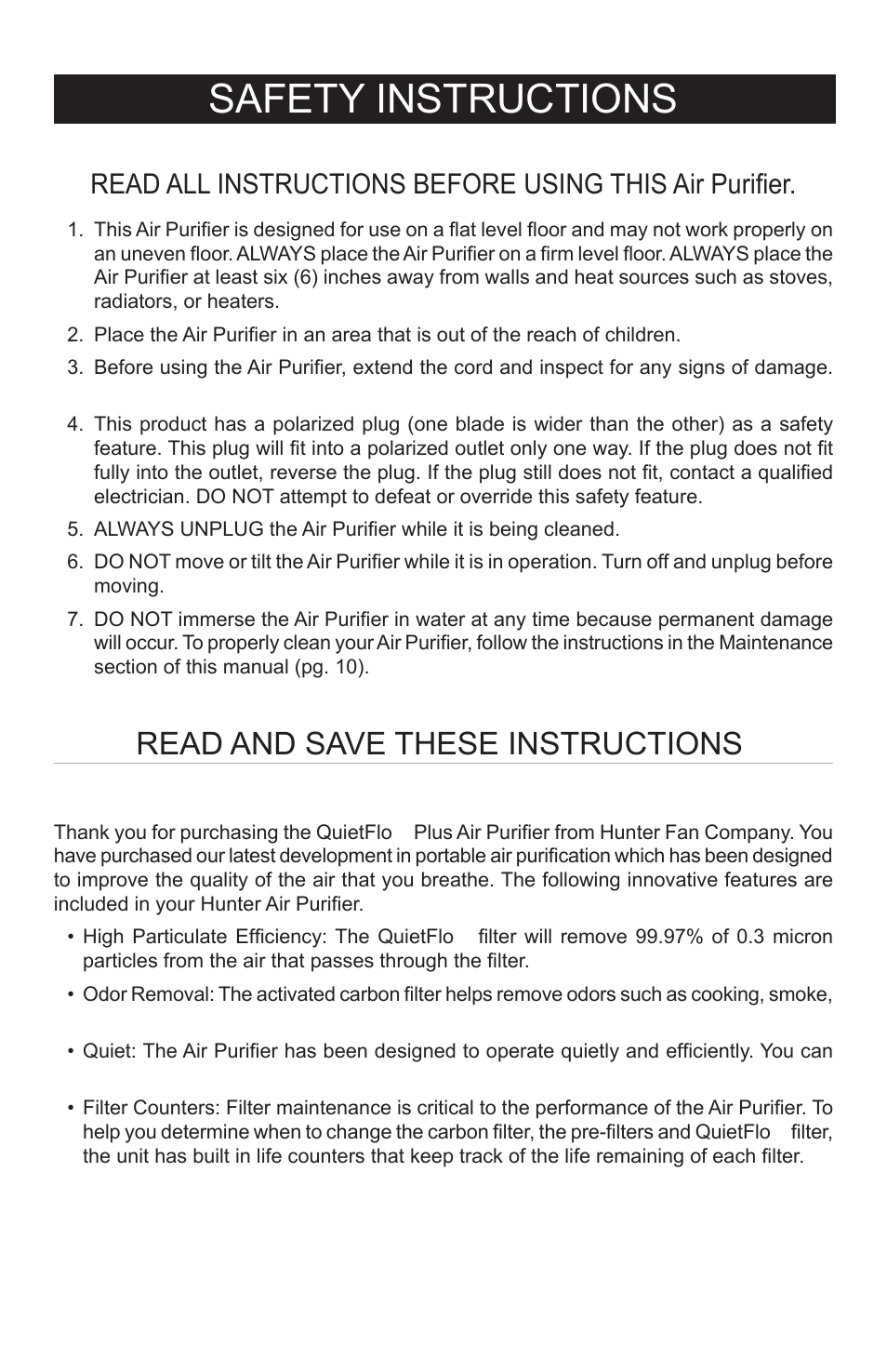 Safety instructions, Read and save these instructions, Introduction | Hunter Fan QUIET FLO PLUS 30785 User Manual | Page 3 / 16