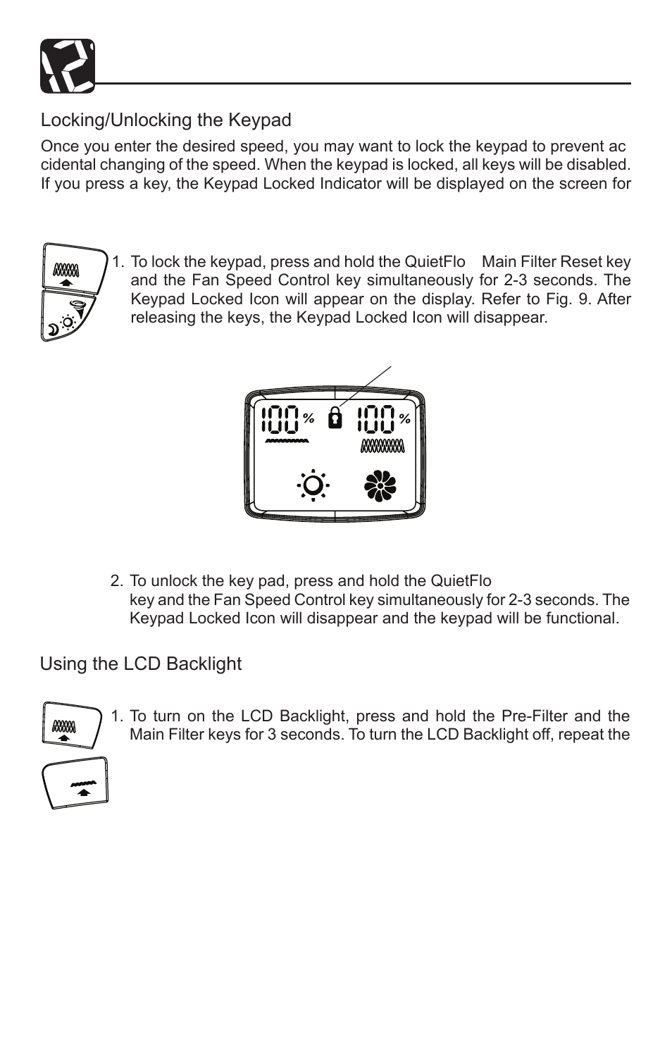 Operation, Using the lcd backlight, Locking/unlocking the keypad | Hunter Fan QUIET FLO PLUS 30785 User Manual | Page 8 / 16