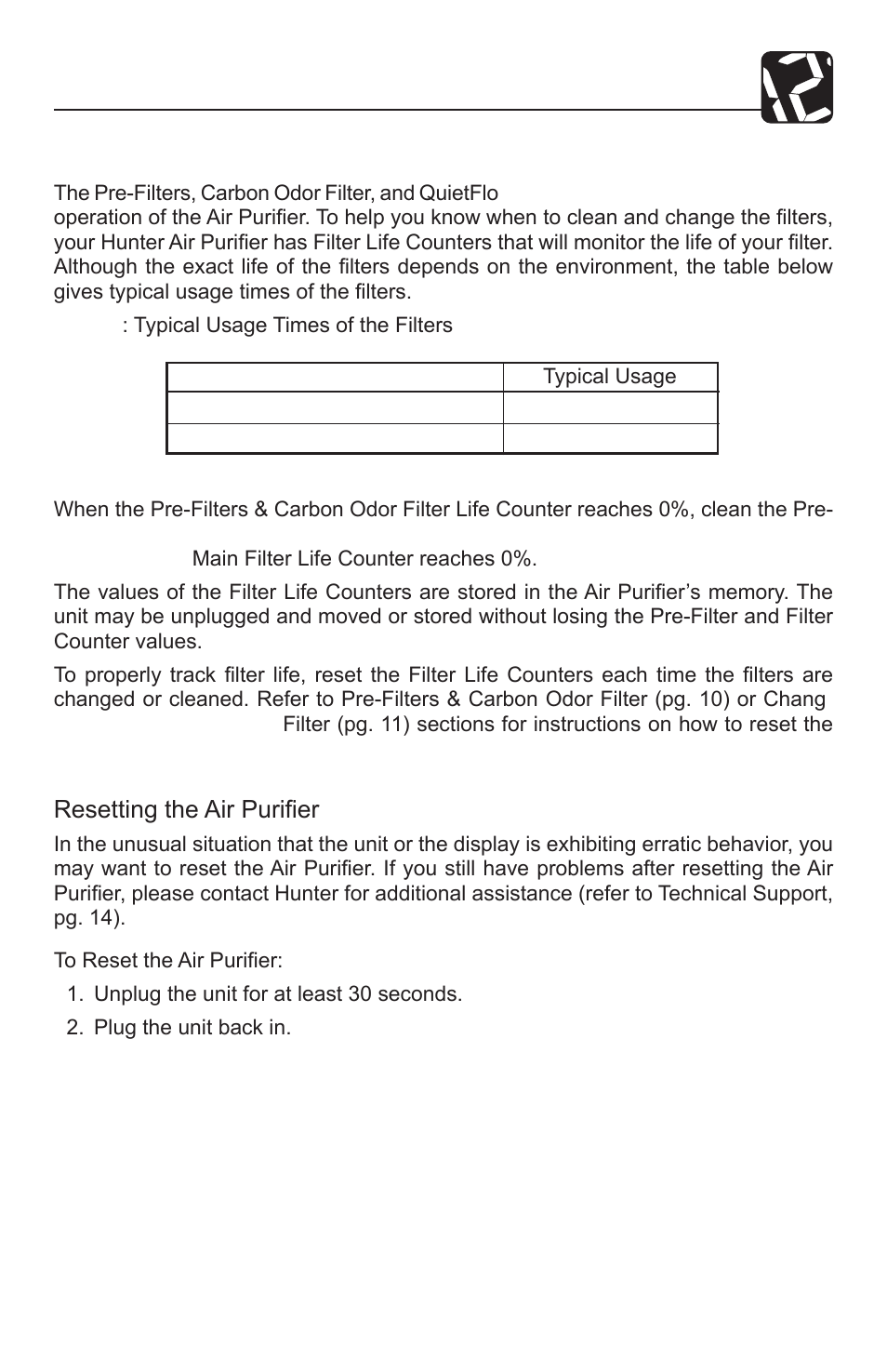 Operation, Filter life counters, Resetting the air purifier | Hunter Fan QUIET FLO PLUS 30785 User Manual | Page 9 / 16