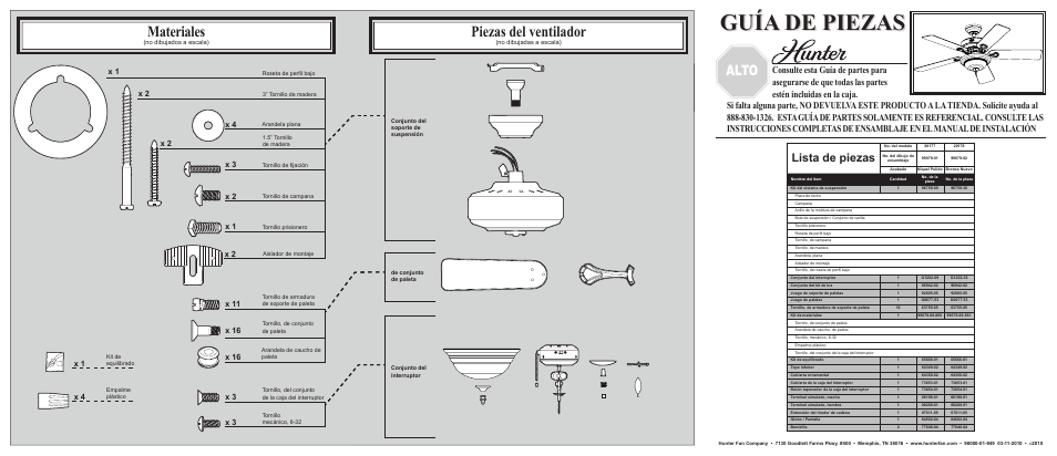 Guía de piezas, Piezas del ventilador, Materiales | Parada, Alto, Lista de piezas | Hunter Fan 20177 User Manual | Page 2 / 2