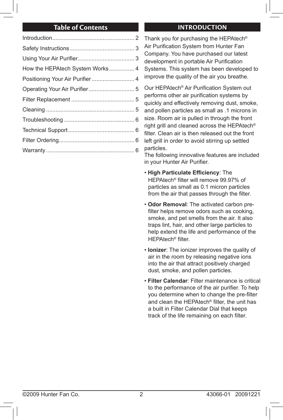 Hunter Fan HEPATECH 30701 User Manual | Page 2 / 8