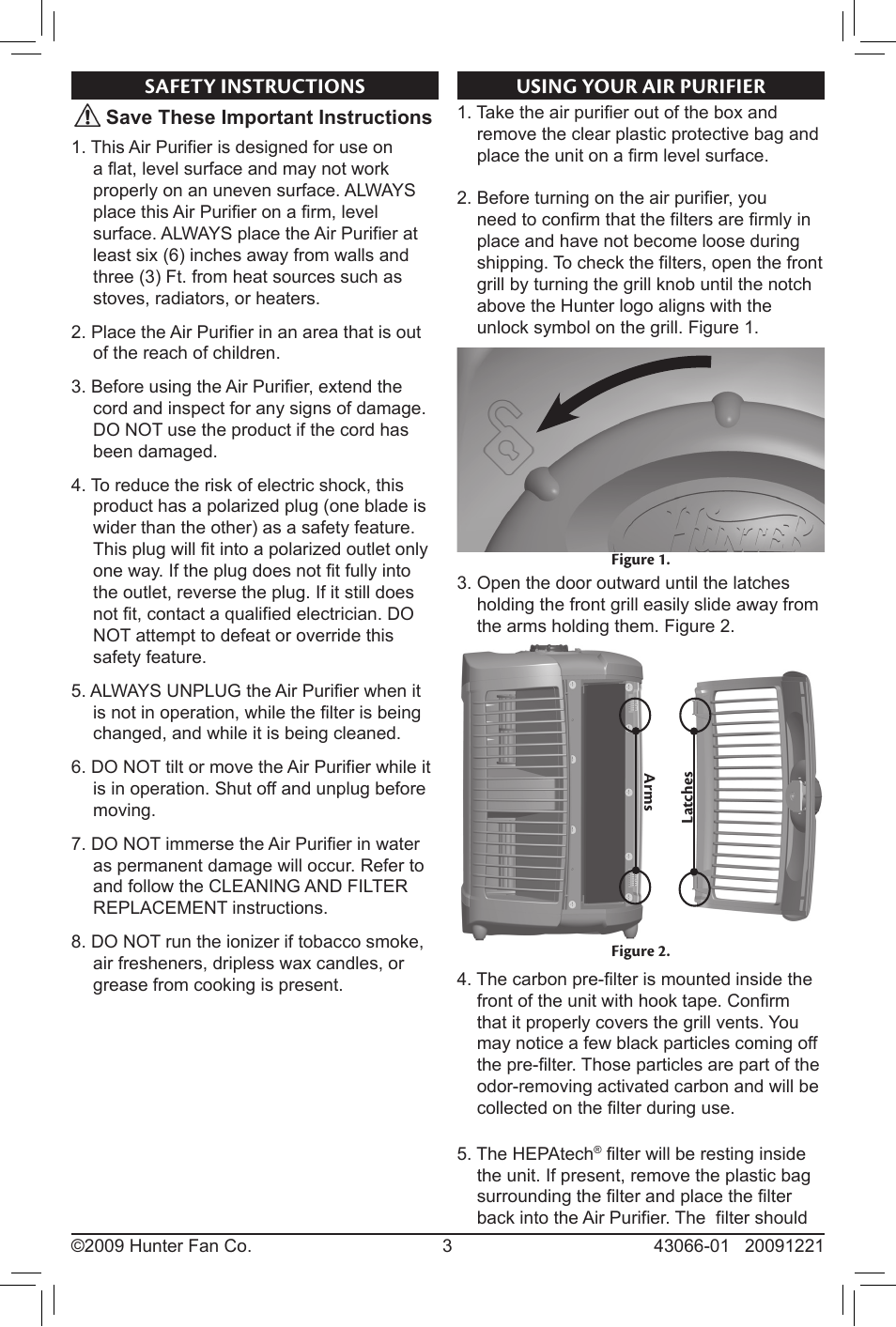 Safety instructions using your air purifier, Using your air purifier, Safety instructions | Hunter Fan HEPATECH 30701 User Manual | Page 3 / 8