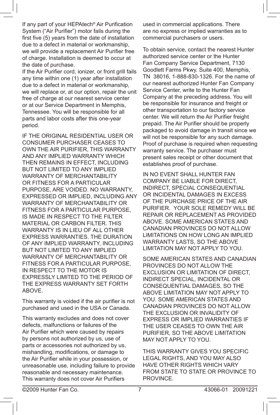 Hunter Fan HEPATECH 30701 User Manual | Page 7 / 8