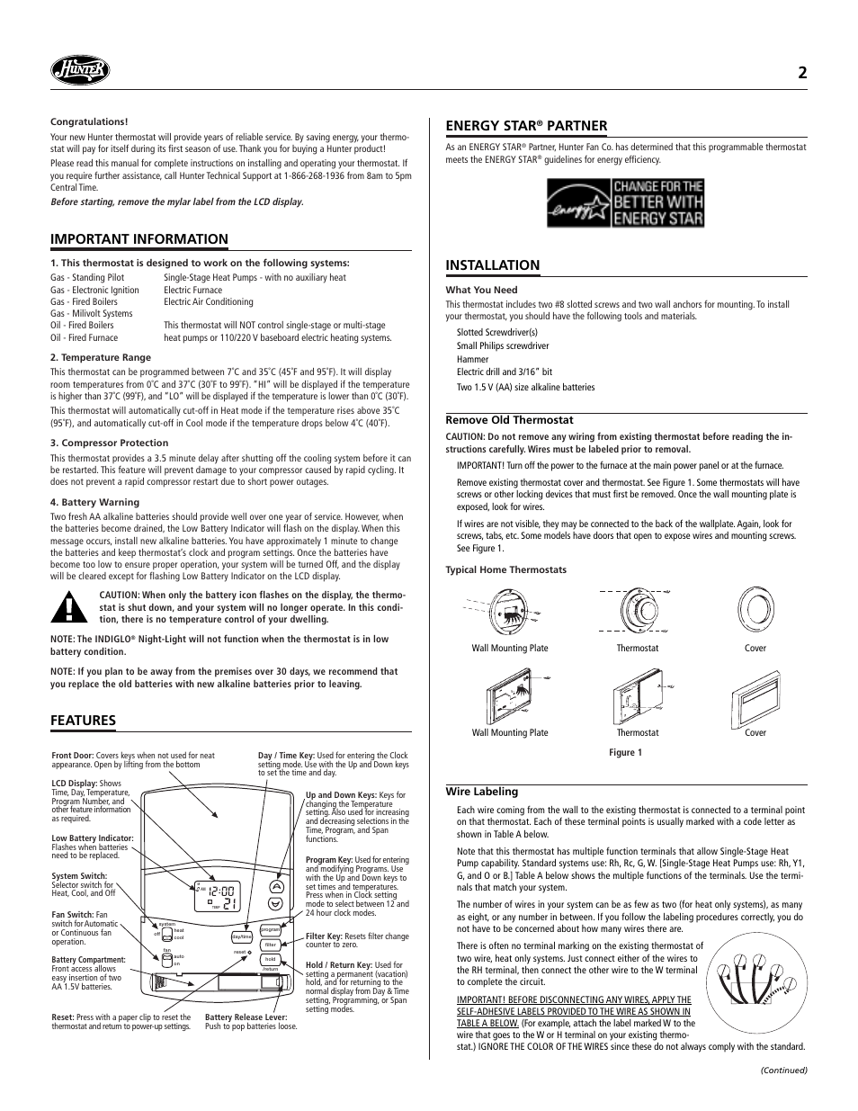 Important information, Features, Energy star | Partner, Installation | Hunter Fan 47250A User Manual | Page 2 / 7