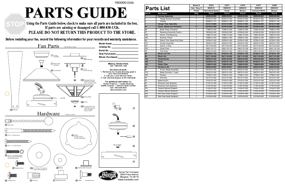 Hunter Fan 21973 User Manual | 1 page