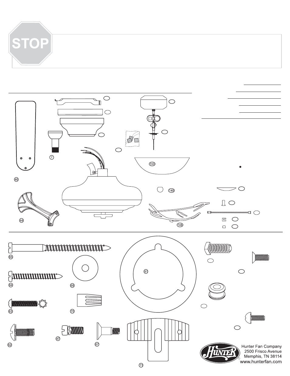 Guía de piezas, Materiales, Piezas del ventilador | Hunter Fan 22540 User Manual | Page 3 / 4