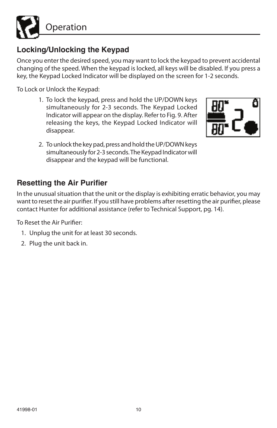 Operation, Locking/unlocking the keypad, Resetting the air purifier | Hunter Fan 30527 User Manual | Page 10 / 17