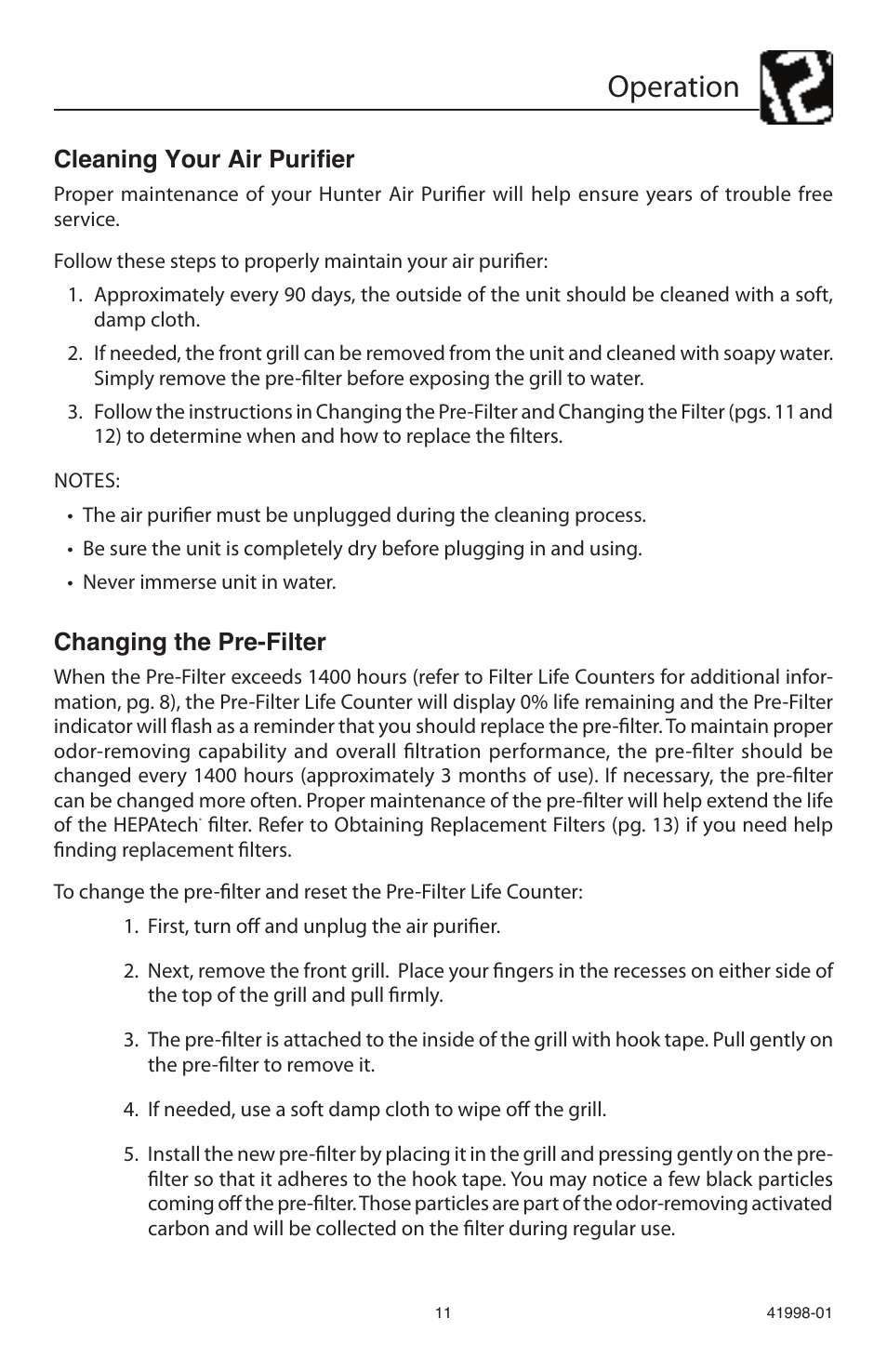 Operation, Cleaning your air purifier, Changing the pre-filter | Hunter Fan 30527 User Manual | Page 11 / 17