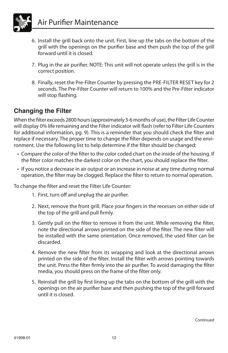 Air purifier maintenance, Changing the filter | Hunter Fan 30527 User Manual | Page 12 / 17