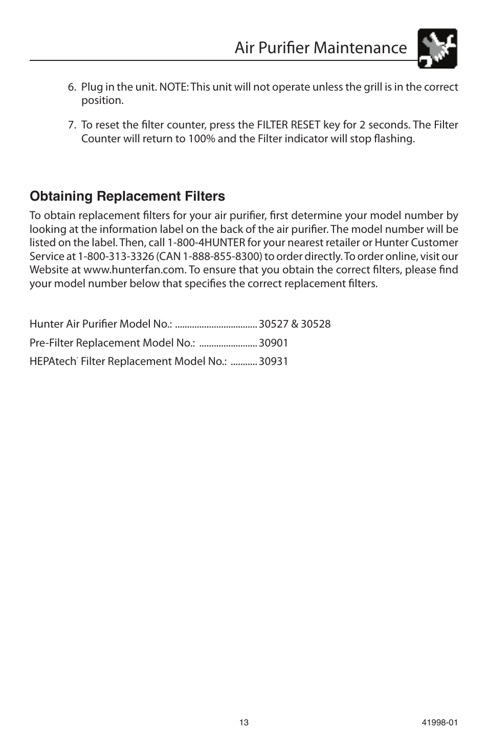 Air purifier maintenance, Obtaining replacement filters | Hunter Fan 30527 User Manual | Page 13 / 17
