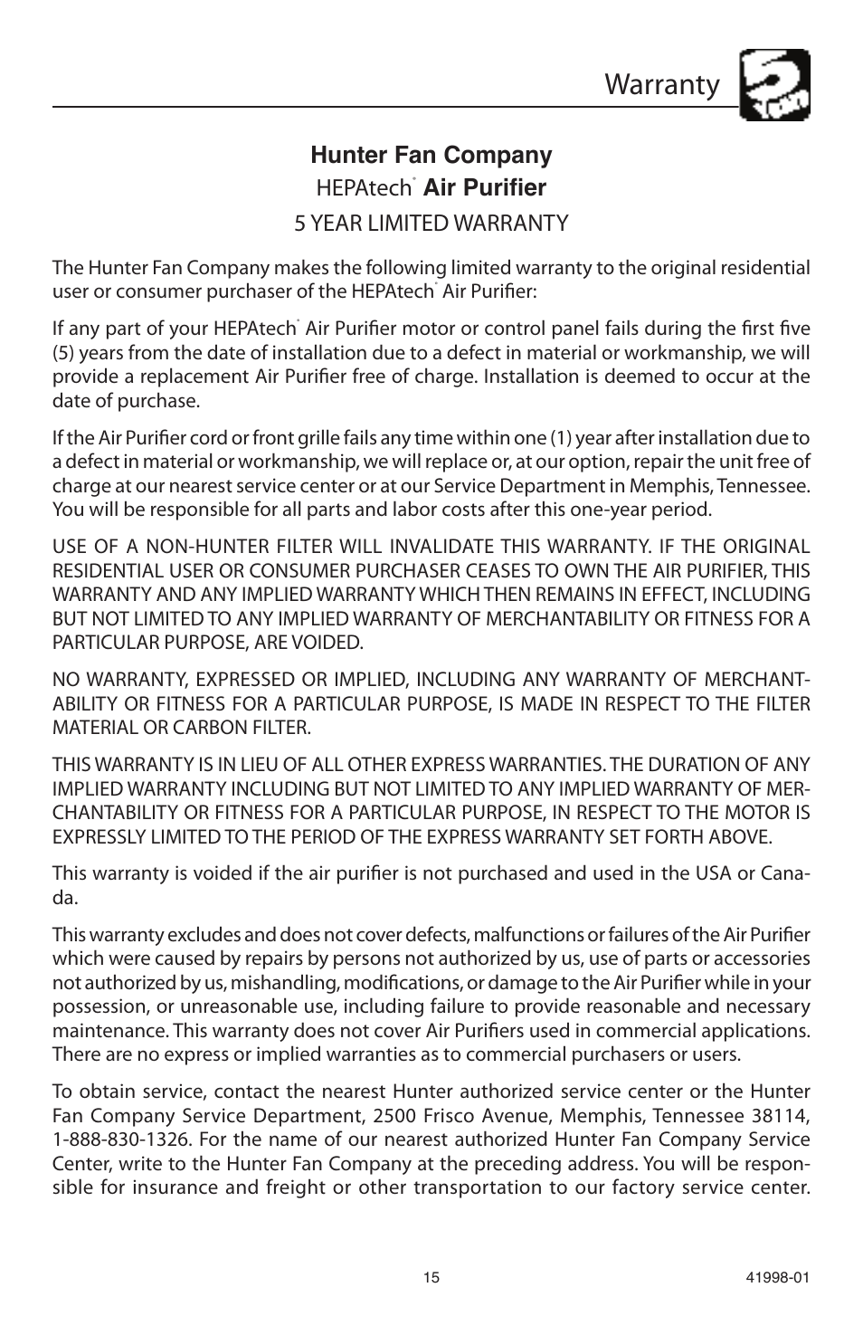 Warranty, Hunter fan company hepatech, Air purifier 5 year limited warranty | Hunter Fan 30527 User Manual | Page 15 / 17