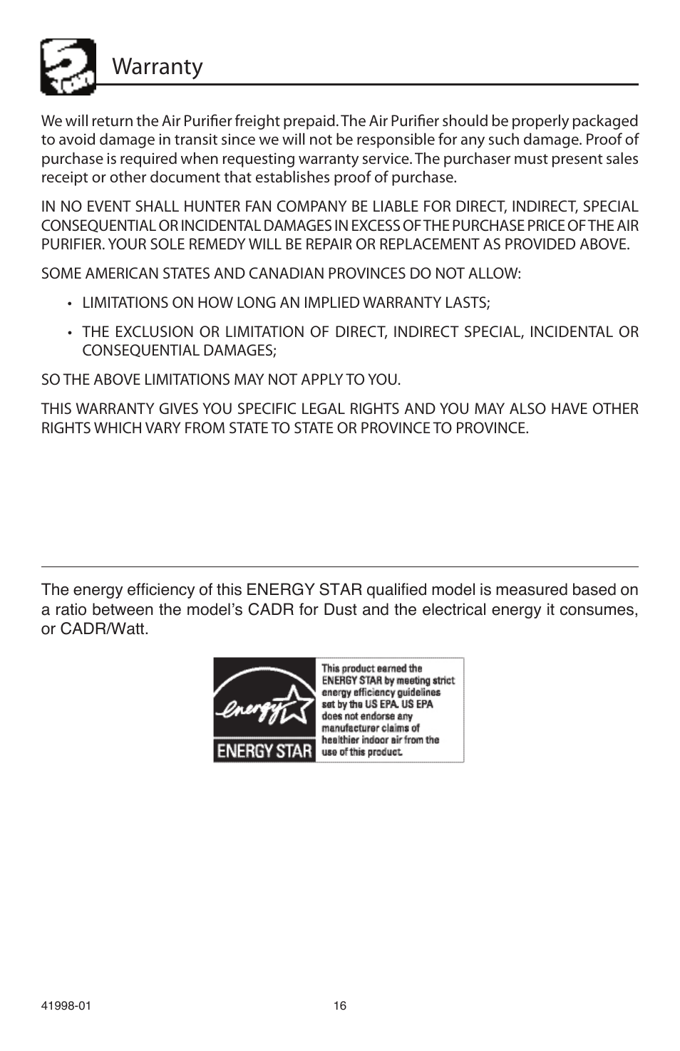 Warranty | Hunter Fan 30527 User Manual | Page 16 / 17