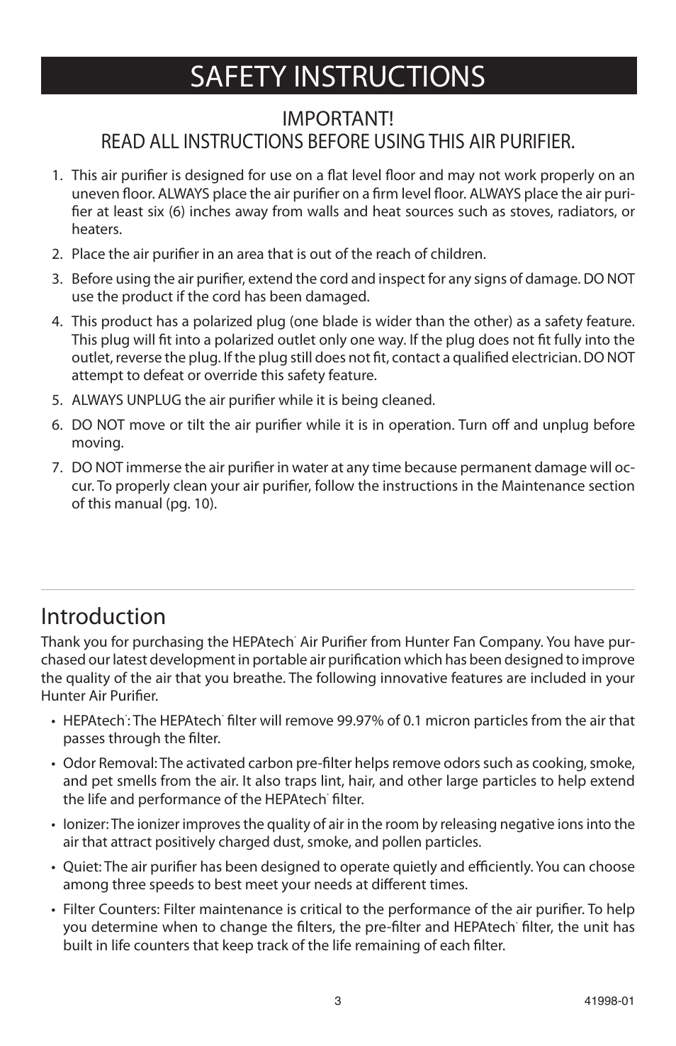 Safety instructions, Introduction, Read and save all instructions | Hunter Fan 30527 User Manual | Page 3 / 17