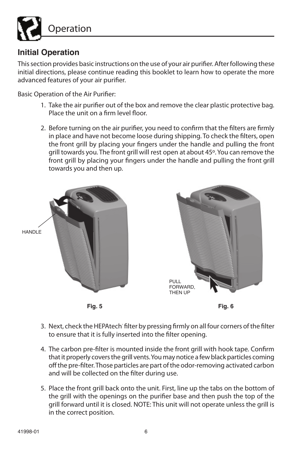 Operation, Initial operation | Hunter Fan 30527 User Manual | Page 6 / 17