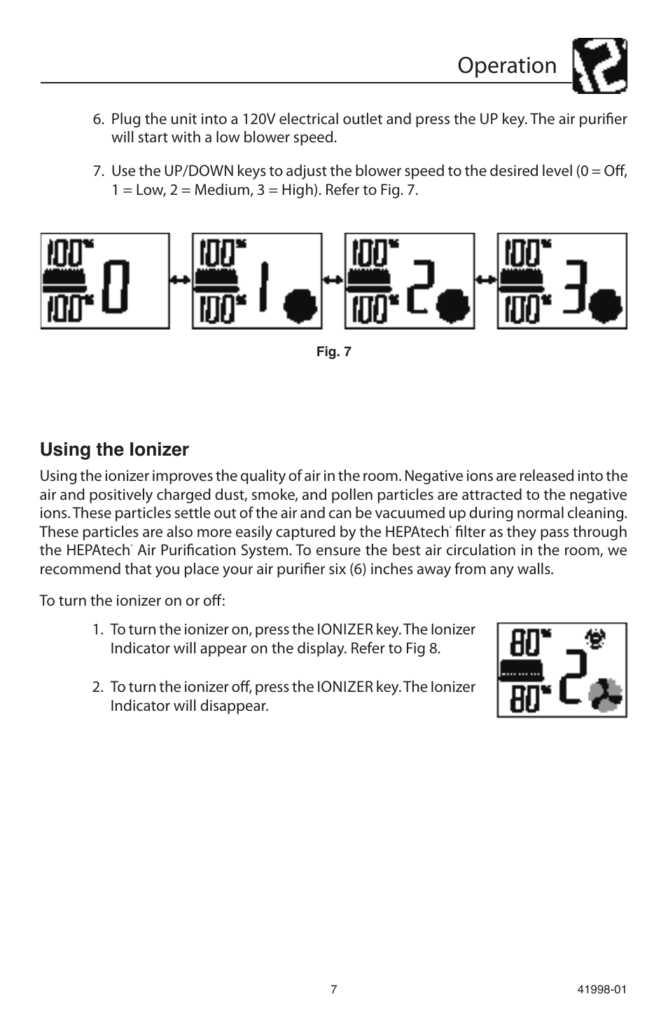 Operation, Using the ionizer | Hunter Fan 30527 User Manual | Page 7 / 17
