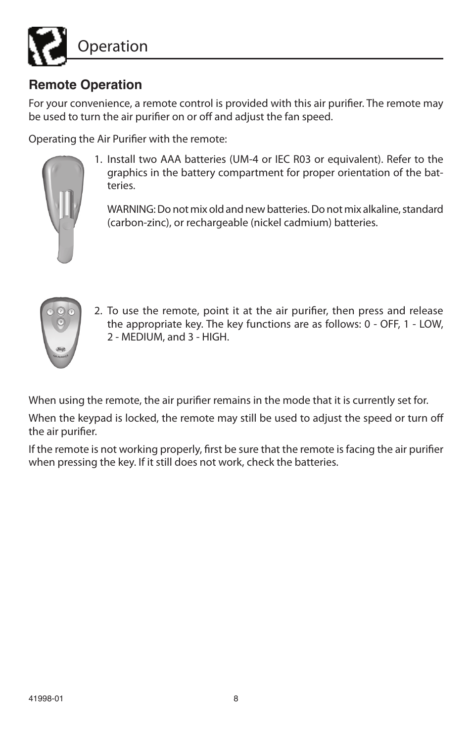 Operation, Remote operation | Hunter Fan 30527 User Manual | Page 8 / 17