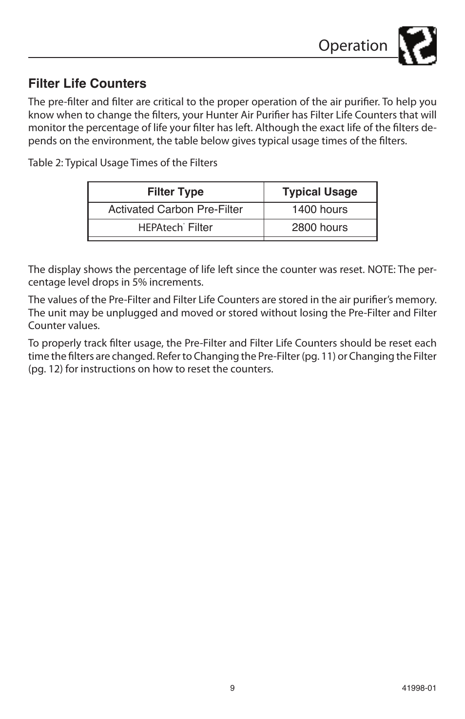 Operation, Filter life counters | Hunter Fan 30527 User Manual | Page 9 / 17