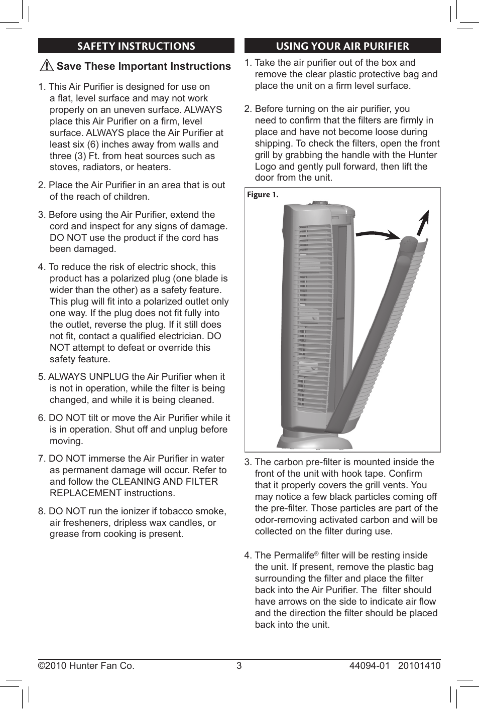 Safety instructions using your air purifier, Using your air purifier, Safety instructions | Hunter Fan PERMALIFE 30793 User Manual | Page 3 / 8