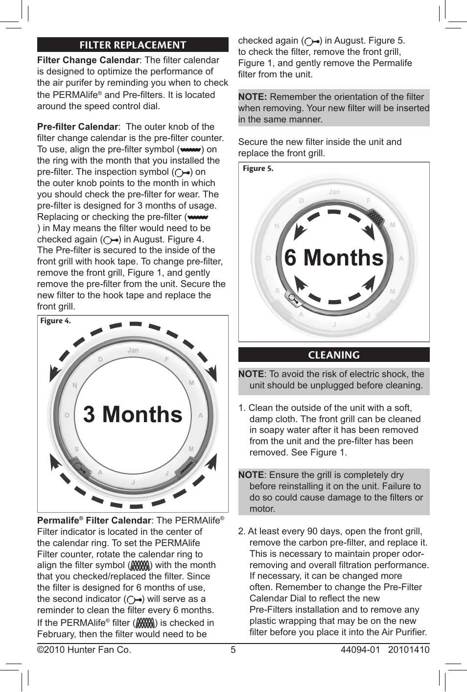 Filter replacement cleaning, 6 months, 3 months | Filter replacement, Cleaning | Hunter Fan PERMALIFE 30793 User Manual | Page 5 / 8