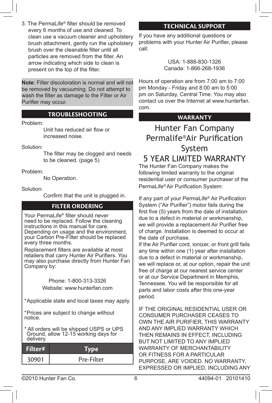 Hunter fan company permalife, Air purification system 5 year limited warranty, Technical support warranty | Troubleshooting, Filter ordering | Hunter Fan PERMALIFE 30793 User Manual | Page 6 / 8