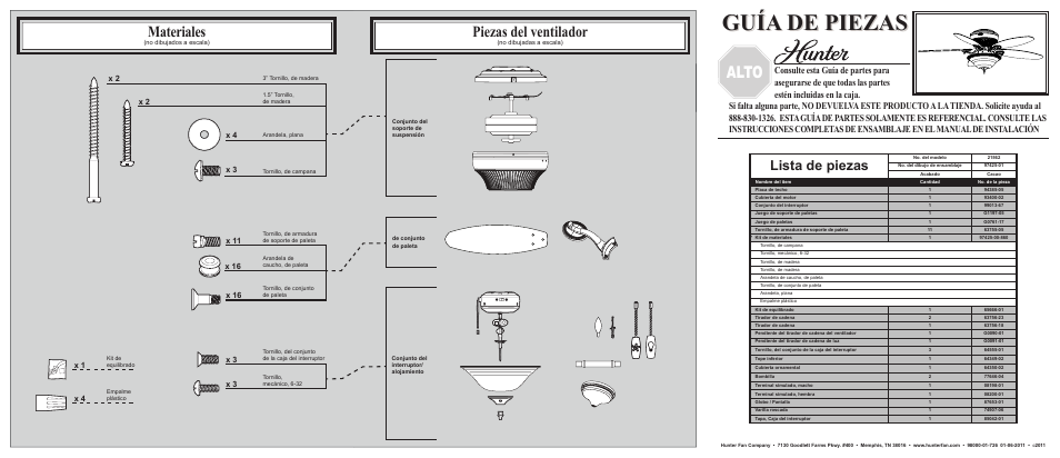 Guía de piezas, Alto, Materiales | Piezas del ventilador, Parada, Lista de piezas, X 1 x 4 | Hunter Fan 21562 User Manual | Page 2 / 2
