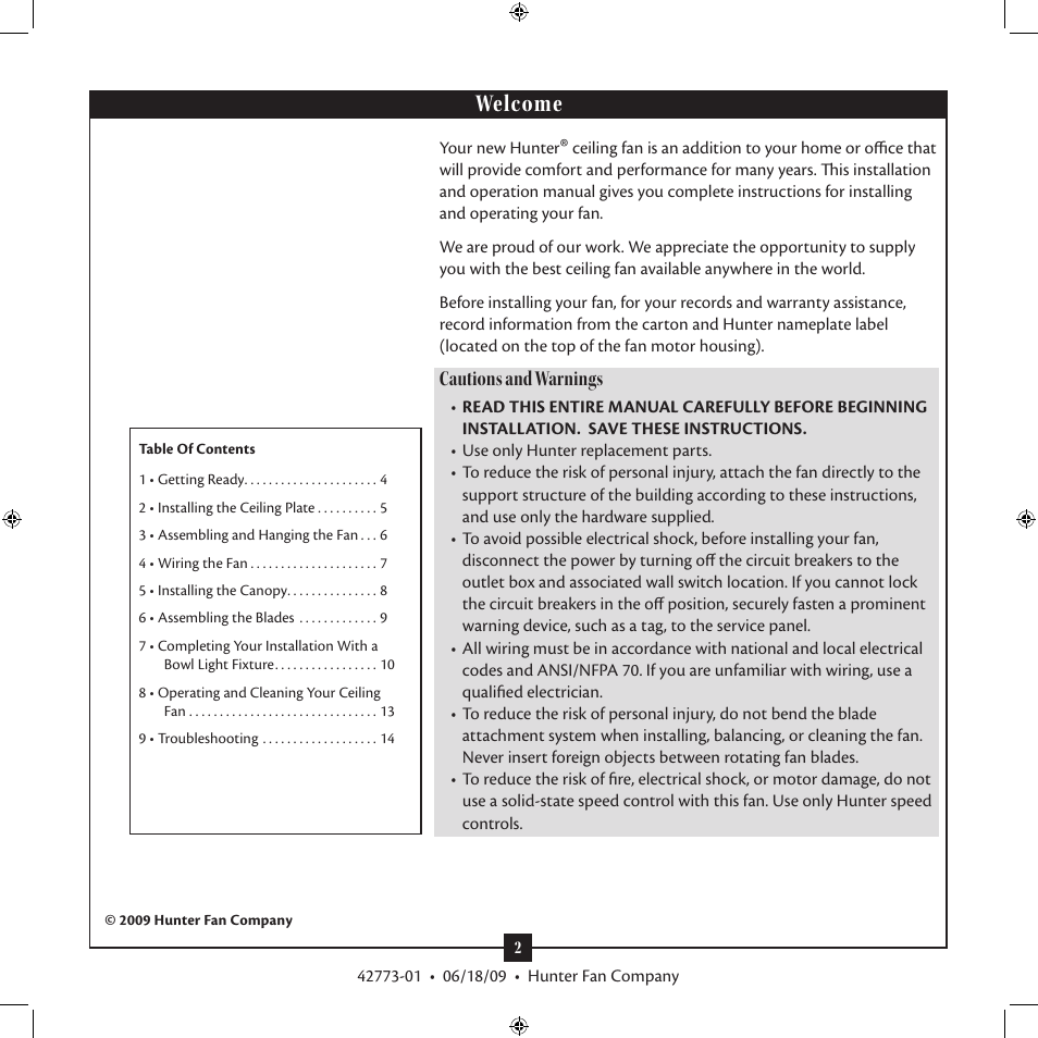 Welcome, Cautions and warnings | Hunter Fan Grandview 23923 User Manual | Page 2 / 14