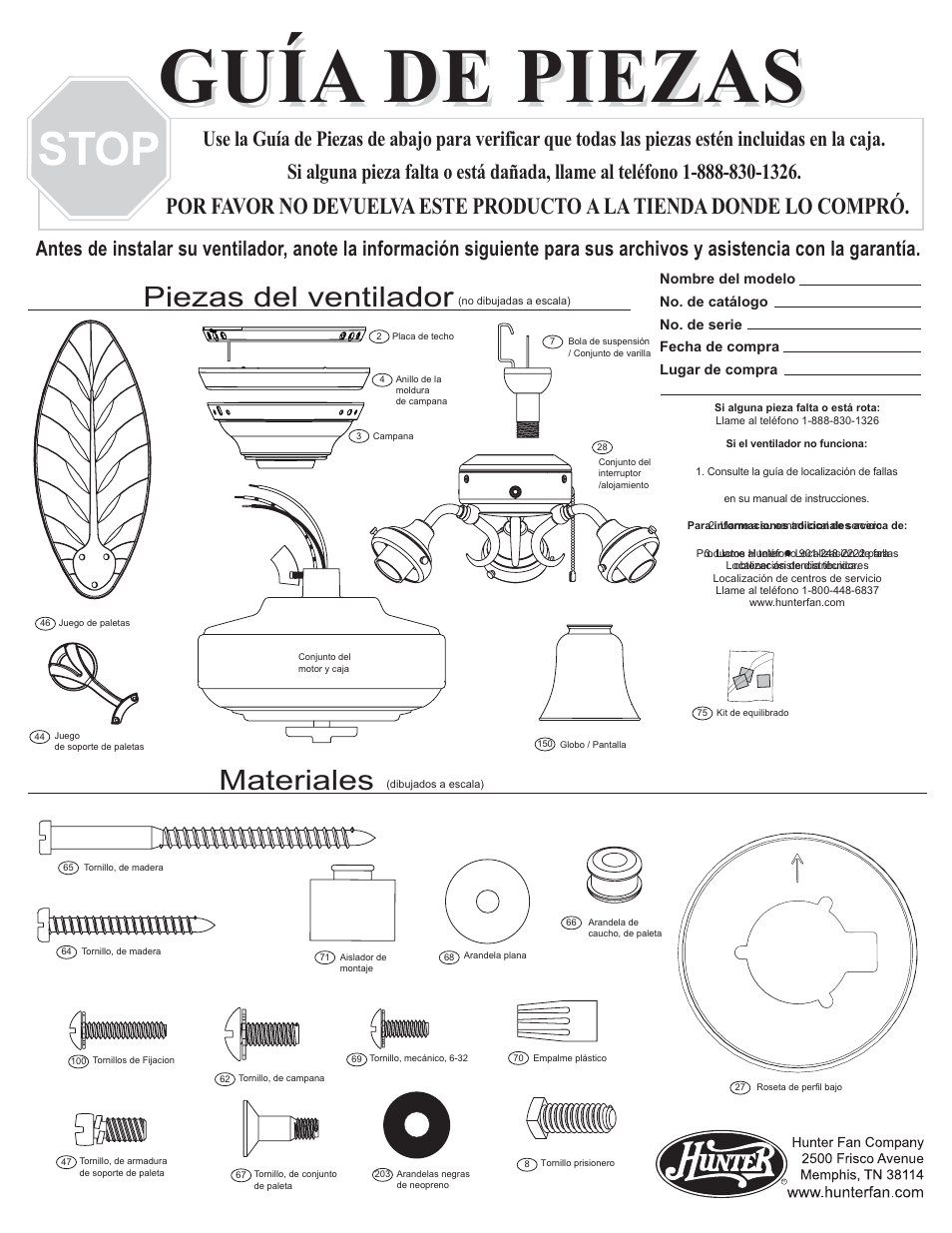 Guía de piezas, Materiales, Piezas del ventilador | Hunter Fan 23972 User Manual | Page 3 / 4