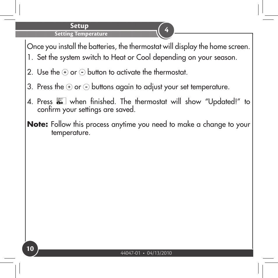 Setup, Setting temperature | Hunter Fan 42177 User Manual | Page 10 / 25