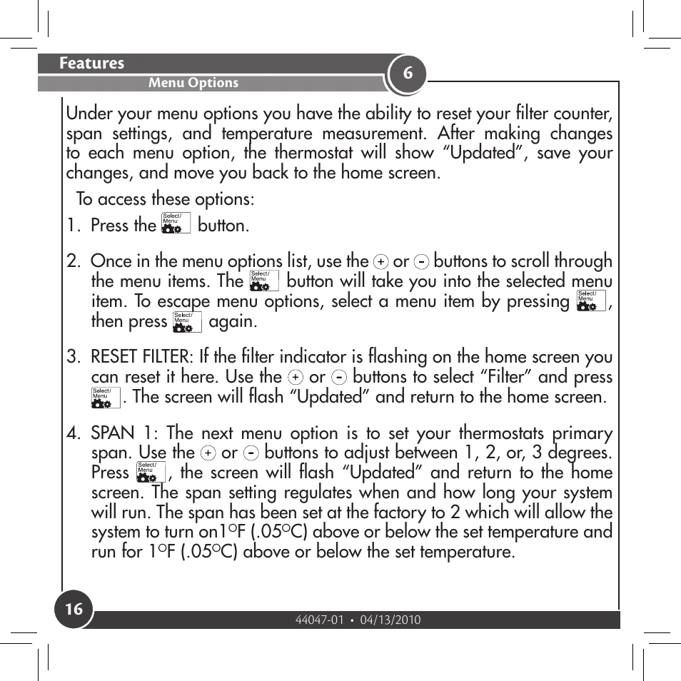 Menu options | Hunter Fan 42177 User Manual | Page 16 / 25