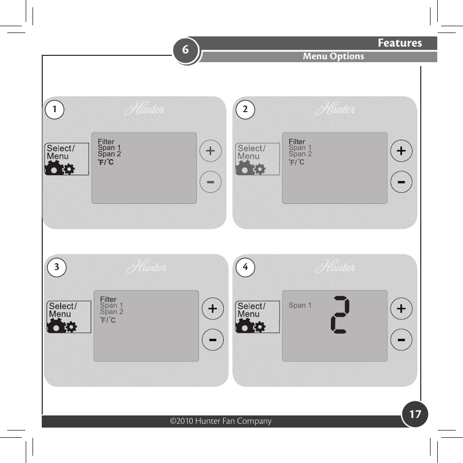 Features, Menu options, 2010 hunter fan company | Hunter Fan 42177 User Manual | Page 17 / 25