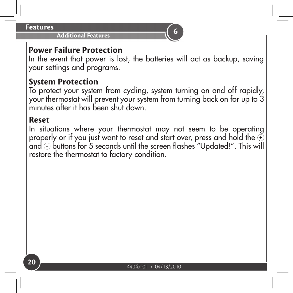 Additional features, Power failure protection, System protection | Reset | Hunter Fan 42177 User Manual | Page 20 / 25