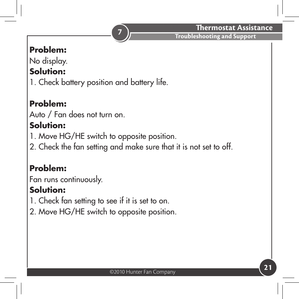 Thermostat assistance, Troubleshooting and support | Hunter Fan 42177 User Manual | Page 21 / 25