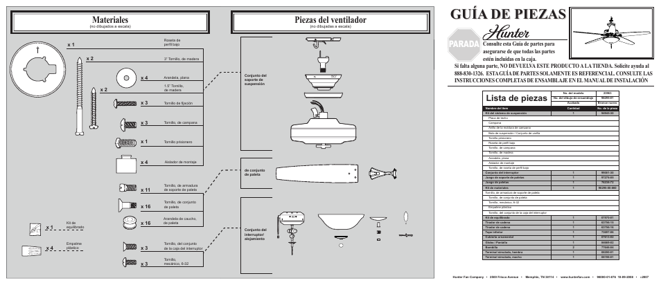 Guía de piezas, Materiales, Piezas del ventilador | Parada, Lista de piezas | Hunter Fan 23963 User Manual | Page 2 / 2