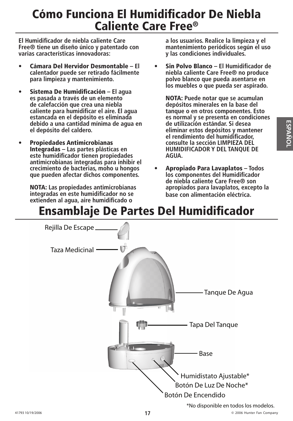 Ensamblaje de partes del humidificador | Hunter Fan 35203 User Manual | Page 17 / 28