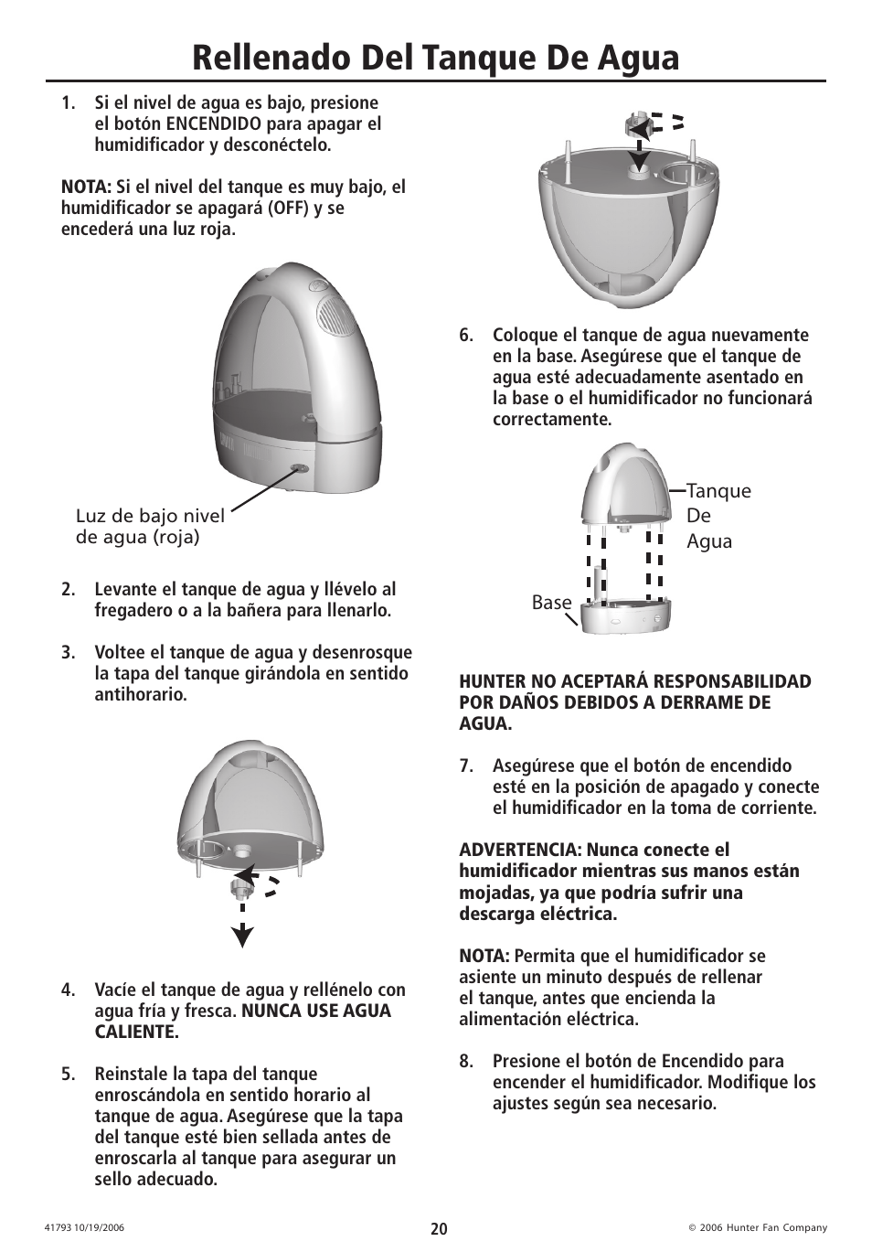 Rellenado del tanque de agua | Hunter Fan 35203 User Manual | Page 20 / 28