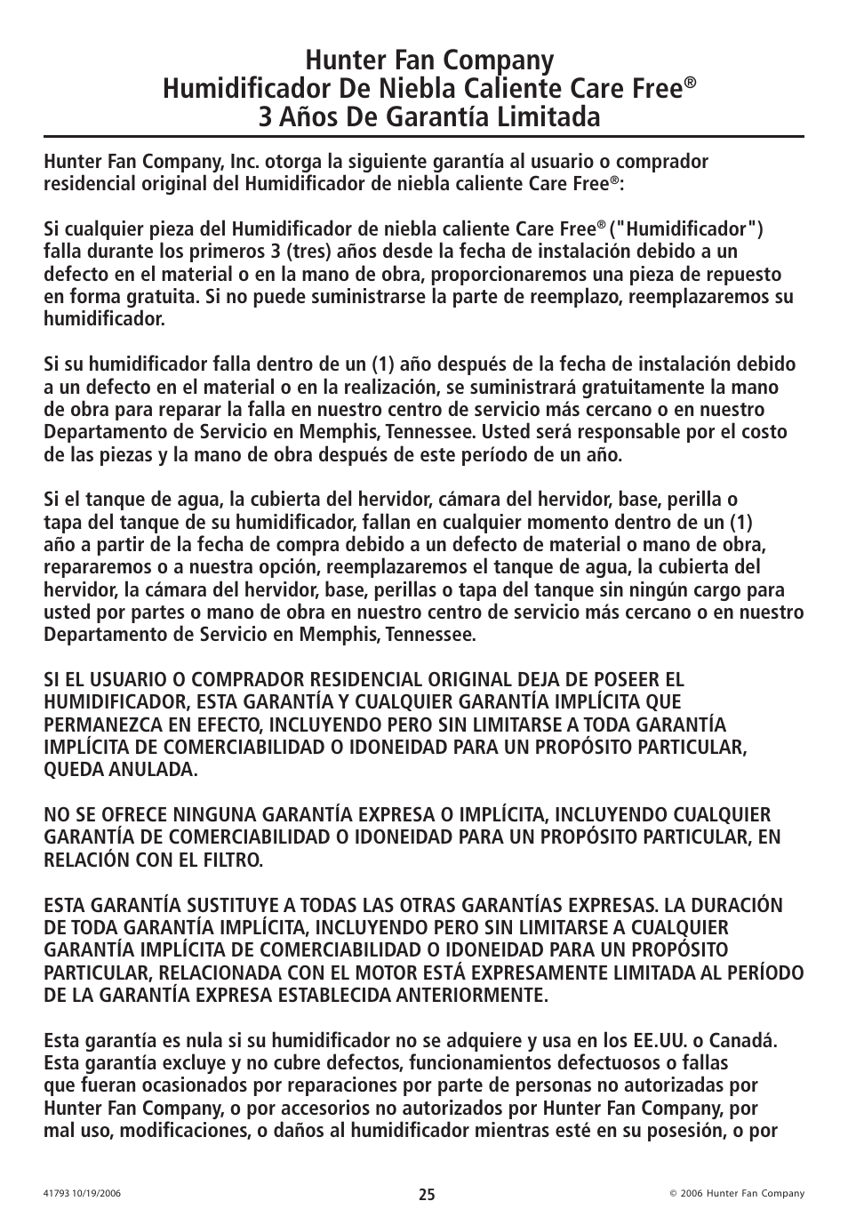 3 años de garantía limitada | Hunter Fan 35203 User Manual | Page 25 / 28