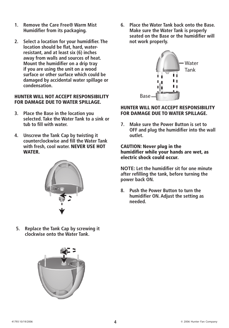 Base water tank | Hunter Fan 35203 User Manual | Page 4 / 28