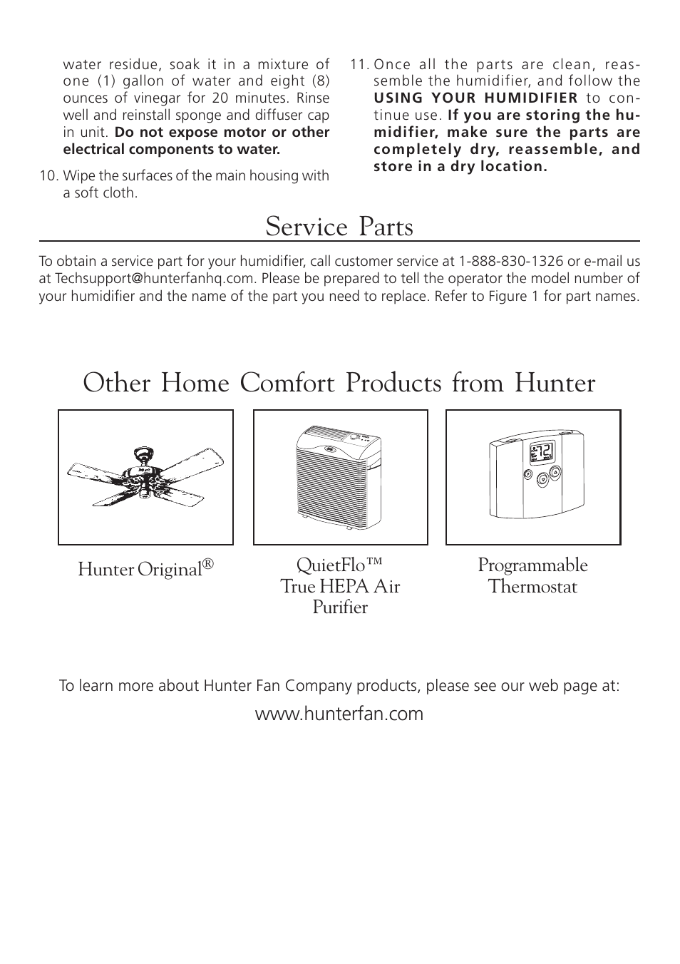 Service parts, Other home comfort products from hunter, Hunter original | Hunter Fan 33202 User Manual | Page 6 / 8