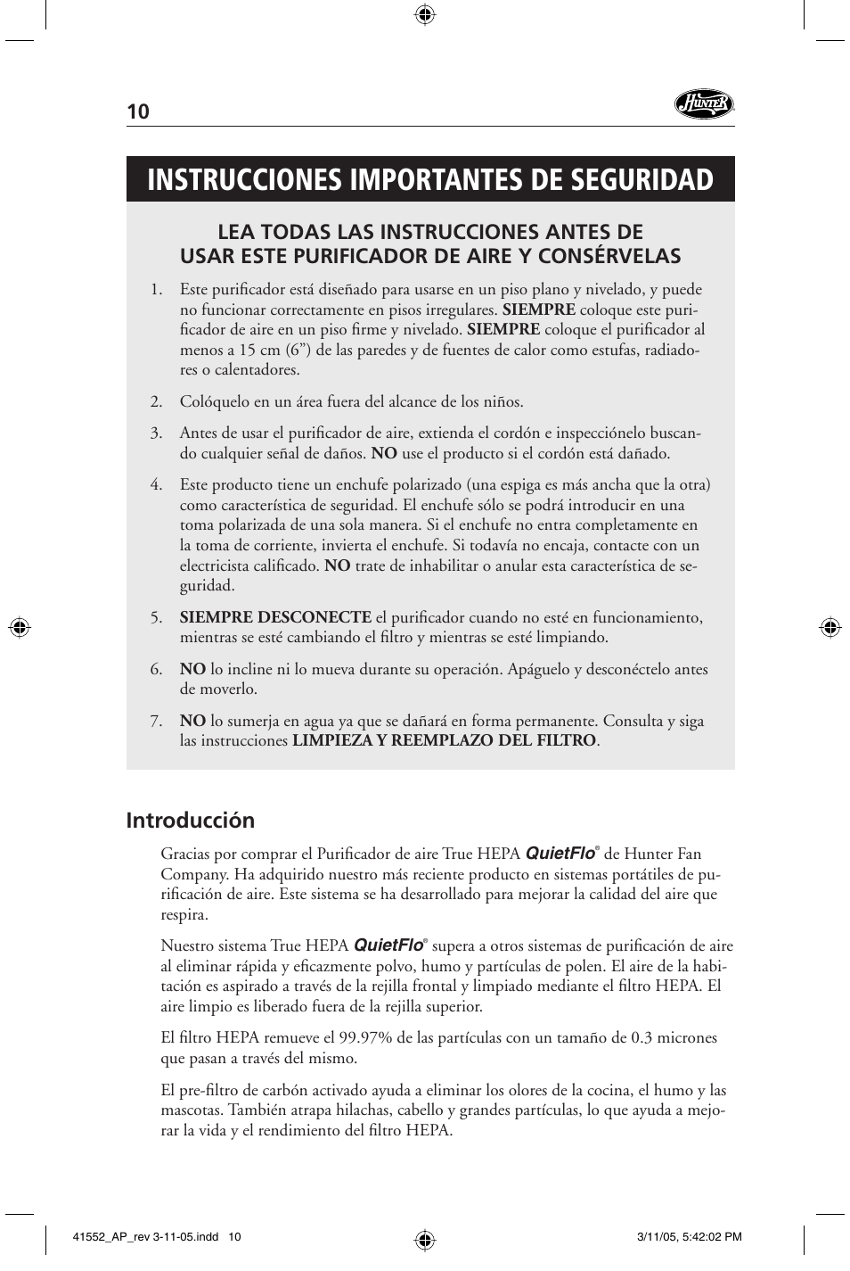 Instrucciones importantes de seguridad, Introducción | Hunter Fan 30090 User Manual | Page 10 / 24