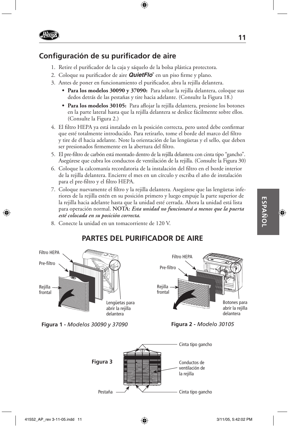 Confi guración de su purifi cador de aire, Partes del purificador de aire, Esp añol | Hunter Fan 30090 User Manual | Page 11 / 24