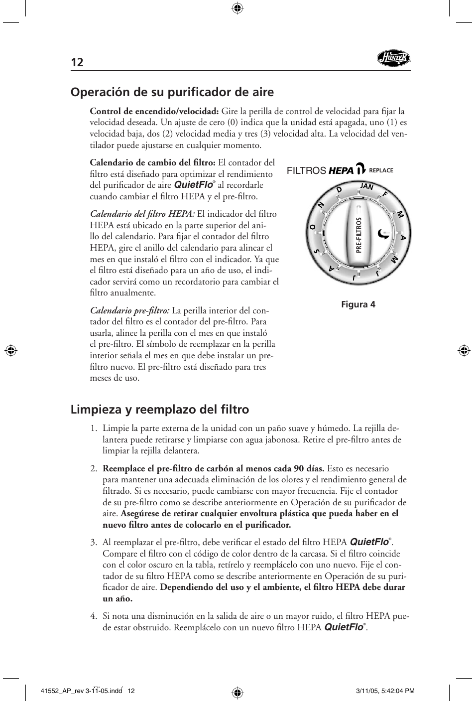 Operación de su purifi cador de aire, Limpieza y reemplazo del fi ltro | Hunter Fan 30090 User Manual | Page 12 / 24