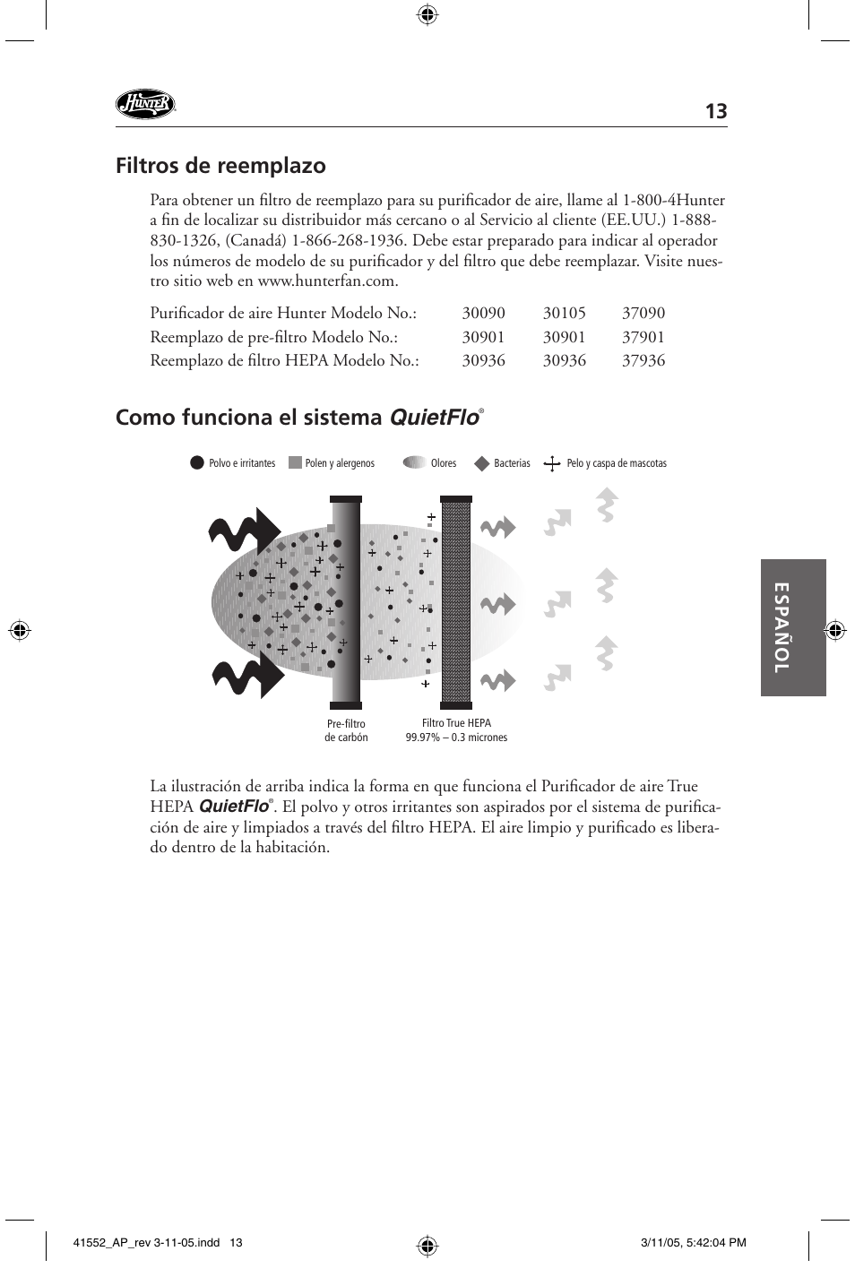 Filtros de reemplazo, Como funciona el sistema quietflo, Esp añol | Hunter Fan 30090 User Manual | Page 13 / 24